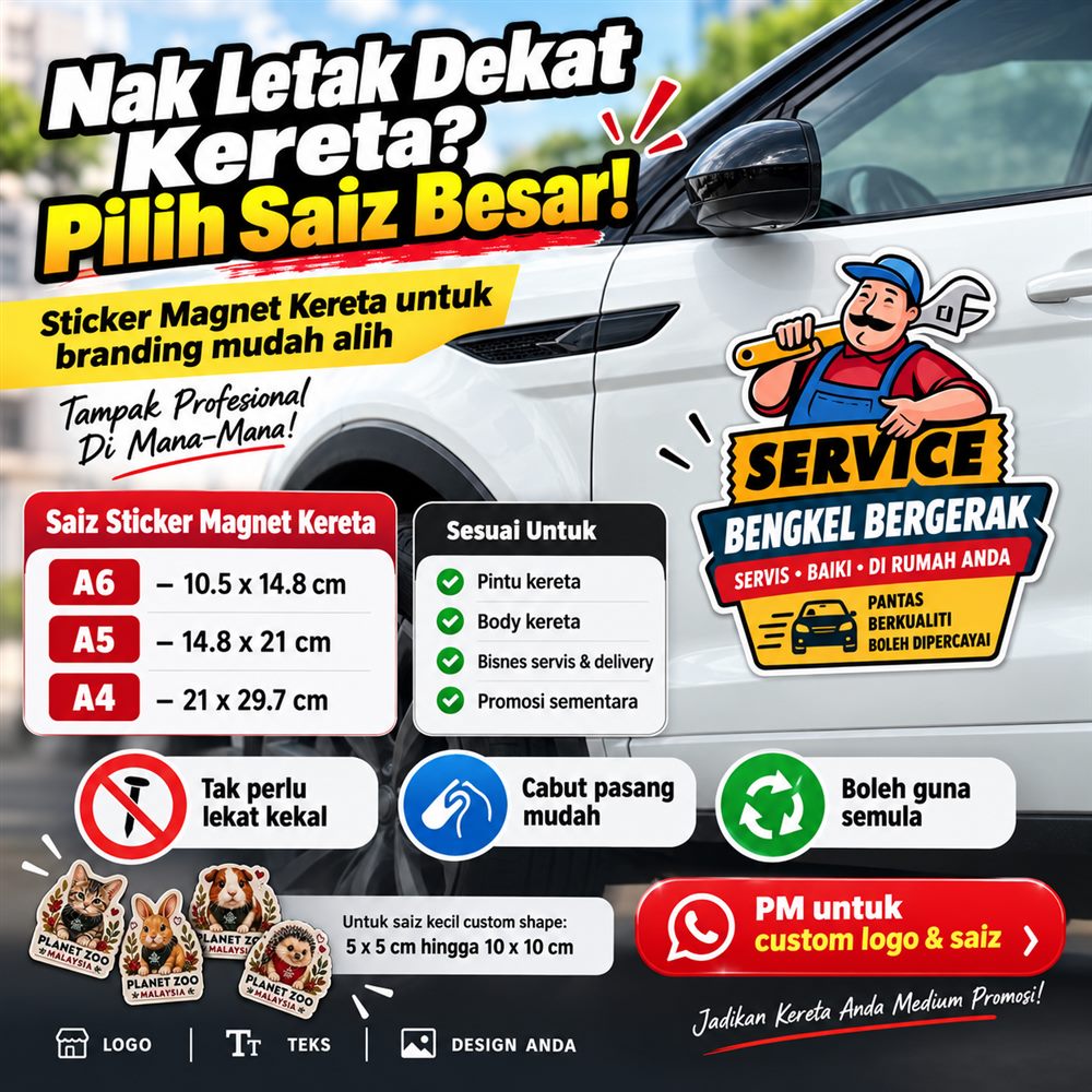 Sticker magnet kereta saiz A6, A5, A4 untuk pintu & body kereta