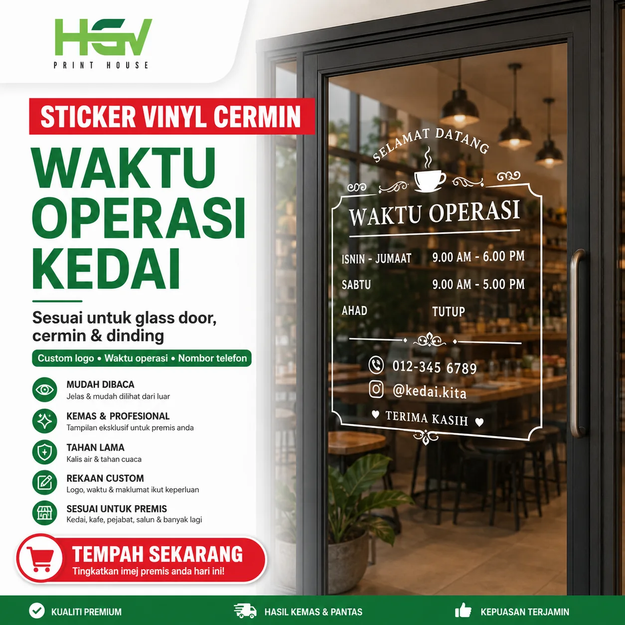Sticker vinyl cermin — waktu operasi kedai
